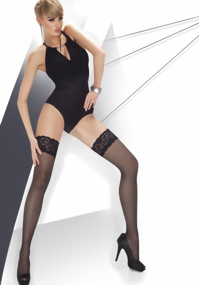 Annes Calze 20 denier sheer hold ups with floral pattern lace top, black, size XS/S Annes Calze 20 denier sheer hold ups with floral pattern lace top, black, size XS/S