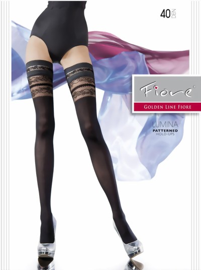 Fiore - Opaque hold ups with semi sheer floral pattern lace top 40 denier, nude, size S