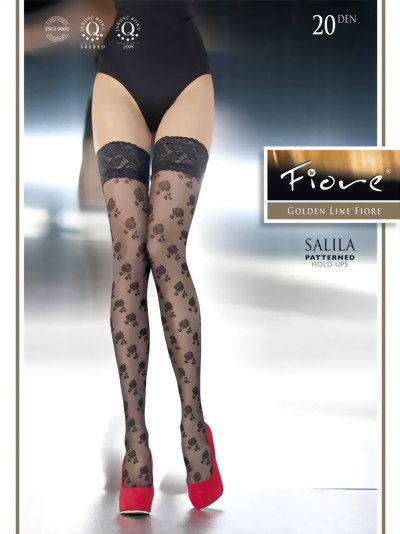 Fiore - Hold ups with decorative lace and flower pattern Salila 20 denier, white, size L