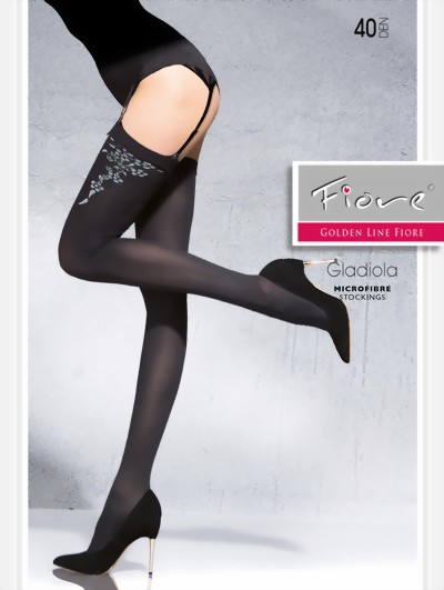 Fiore - Semi-opaque stockings with subtle floral pattern Gladiola 40 denier, black, size S
