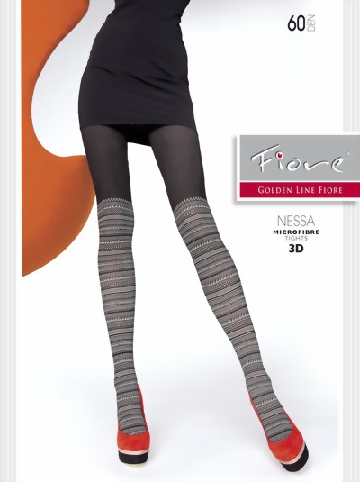 Fiore - Mock over the knee tights with winter pattern Nessa 60 DEN, ecri-black, size S