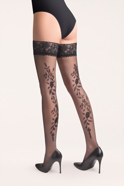 Gabriella - Elegant floral pattern hold ups Vera 20 DEN, white, size XS/S