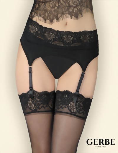 Gerbe - Satiny suspender belt with lace top Foly, black, size M