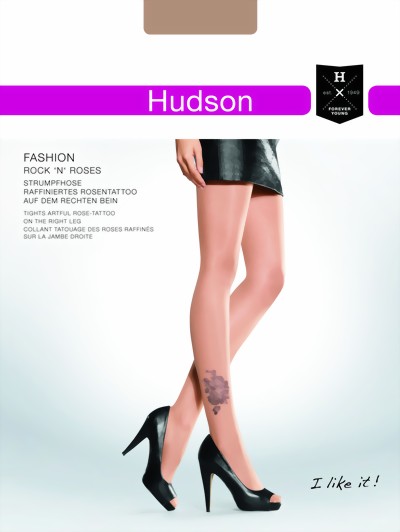 Hudson - Trendy tattoo effect tights with rose print, skin, size S